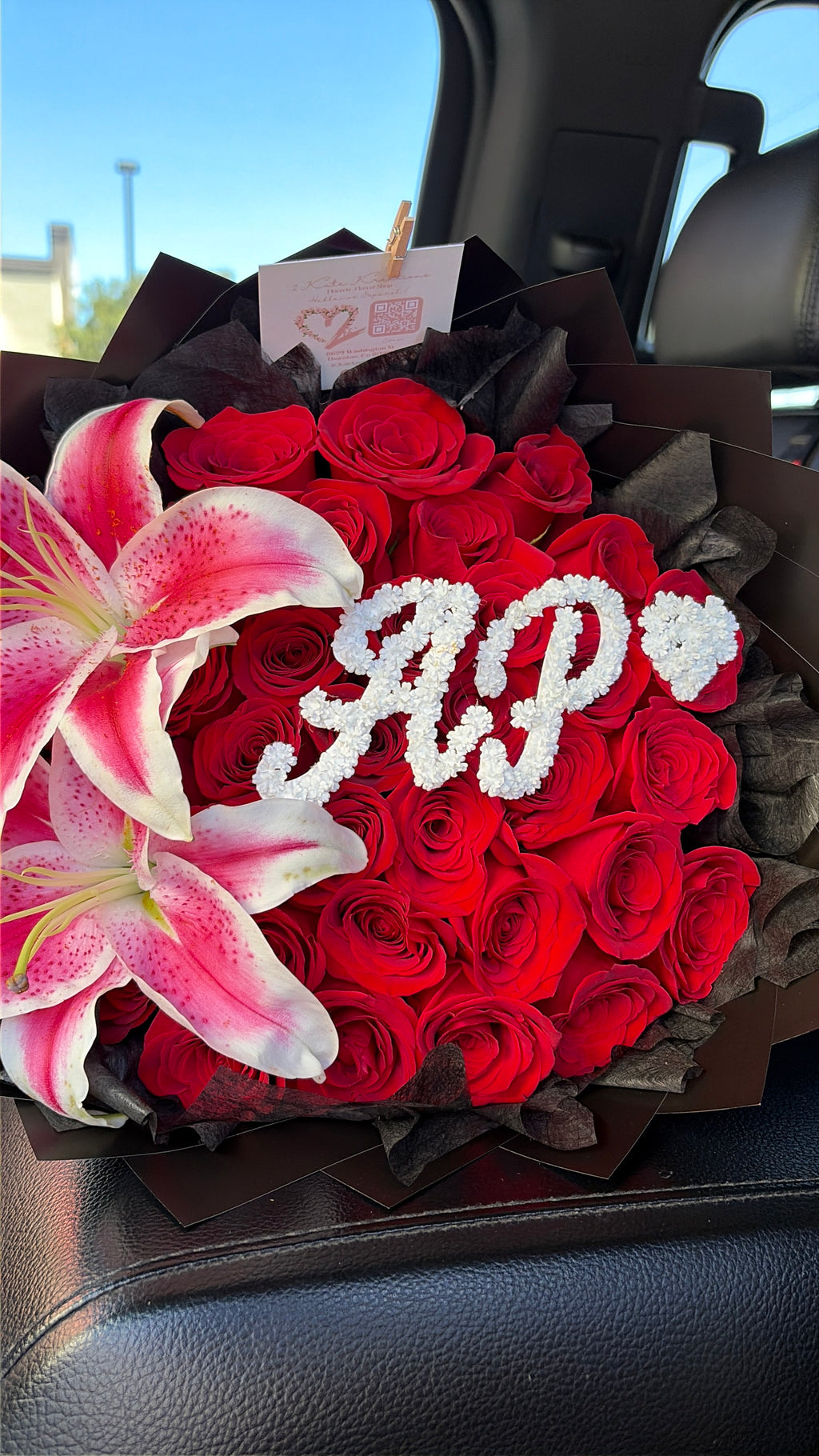 Red Roses with lilies & initial 🌸✨