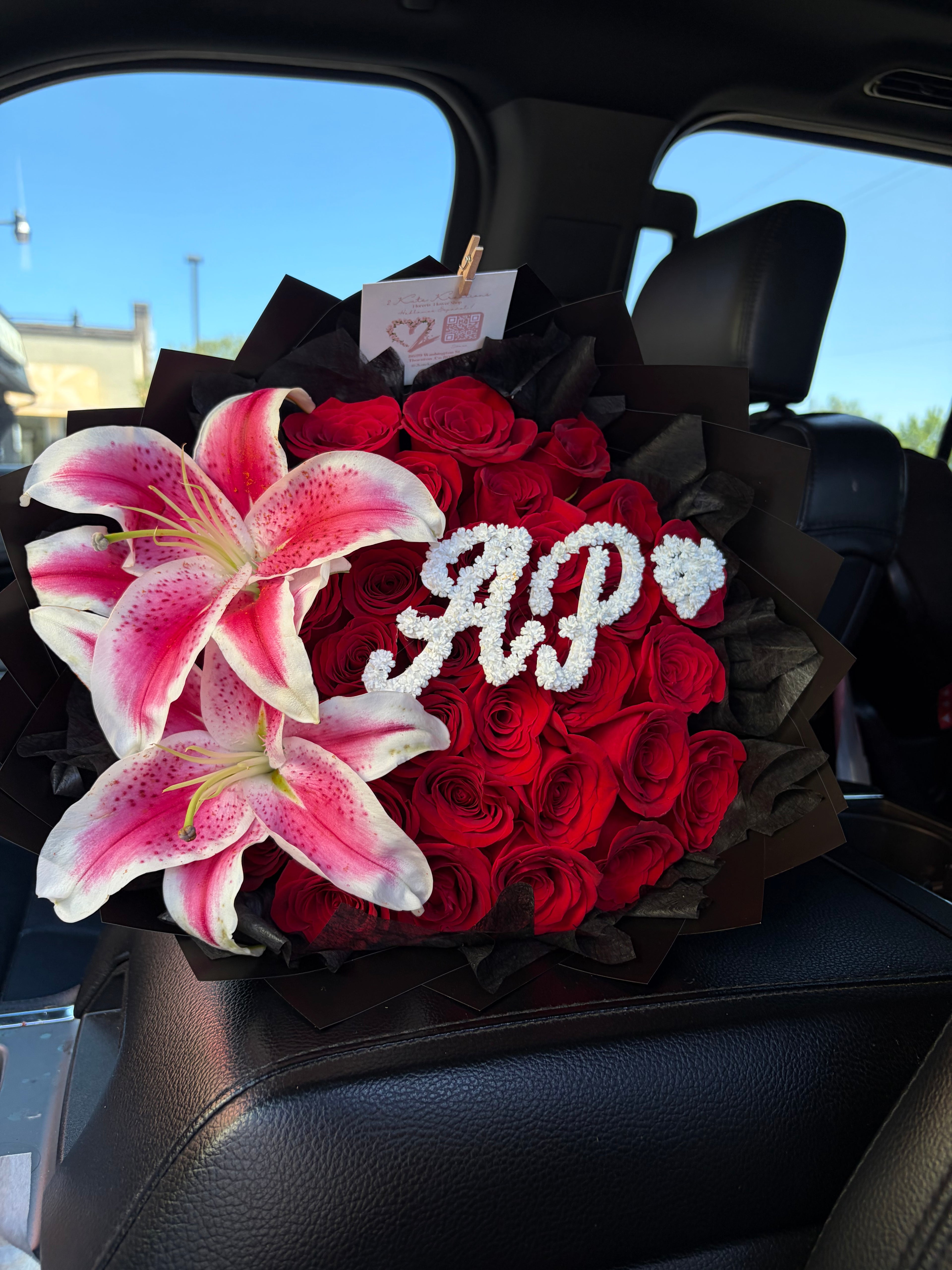 Red Roses with lilies & initial 🌸✨